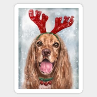 Painting of a Smiling Cocker Spaniel with a Reindeer Headpiece Antlers Costume in the Snow Sticker